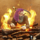 A screenshot of a purple-haired New World character laying prone in a fireplace.